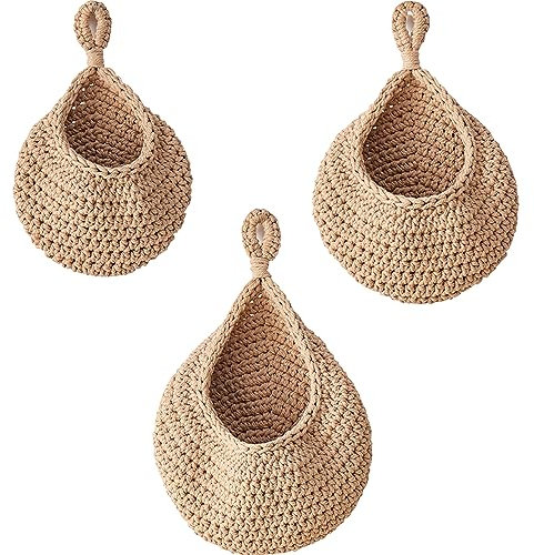 Lot de 3 paniers suspendus - Corbeille à fruits tissée à la main - En coton - Panier de rangement mural - Panier de cuisine - Pour fruits et légumes - Plantes murales (3)