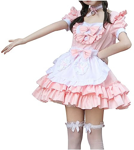 R-R34 Set di abiti rosa per donna autunno estate manica corta collo quadrato uniforme da lavoro lunga Lolita costumi da cameriera Cosplay abiti tinta unita set donna 2023 abbigliamento ZP M