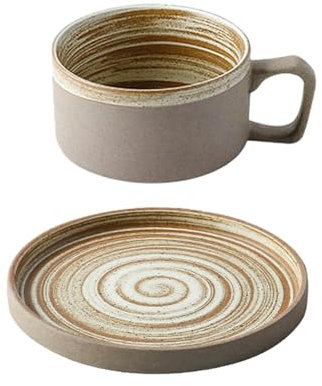Handmade Retro Japanese Ceramic Coffee Cup And Plate Set, Home Breakfast Milk Mug-Cup and Plate Set - Light Brown -250ml/8.5oz