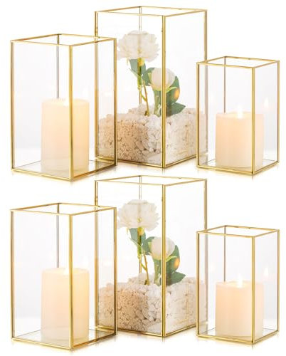 Inweder Windlicht Kerzenständer aus Glas: Satz von 6 Gold-Kerzenhalter für große Stumpenkerzen Dekorative Stumpenkerzenhalter Laterne Outdoor Indoor für Hochzeitstisch Tafelaufsatz Weihnachten Kamin