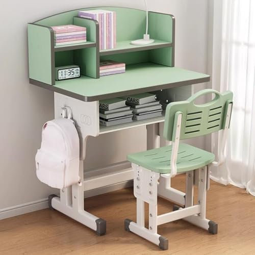 Kinderschreibtisch- und Stuhlset, höhenverstellbarer Schreibtisch und Stuhlset mit Schublade, Bücherregalen, Haken, Schülerarbeitsplatz zum Lernen, Lesen und Zeichnen (Farbe: /Grün