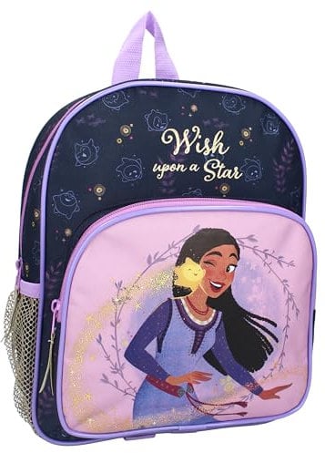 Disney WISH Asha und Star Shining Upon a Star – Rucksack mit 2 Fächern für Kinder | Schule | Kindergarten – Lila und Schwarz – Maße 29 x 23 x 8 cm, Mehrfarbig Lila Schwarz, Einheitsgröße