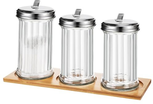 FoldTier Glass Sugar Dispenser Pourer Shaker with Tray 12 oz Retro Style Sugar Containers with Stainless Steel Lid for Coffee Bar Vintage Glass Jar For Sugar Cinnamon Spices (3 Pcs)