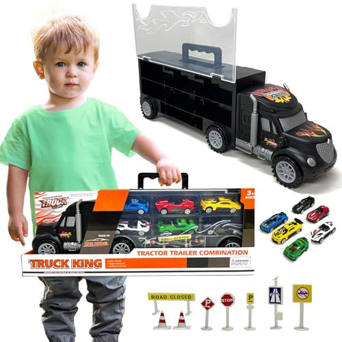 Xwin Kids Truck Container Rail Car Set Portable Cars Storage Truck Toy Set Age 3+ for Children Vehicles Toy Set for Boys and Girls Carrier Truck Playset with 6 Cars for Toddlers