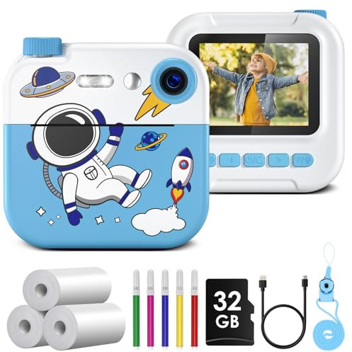 GREENKINDER Sofortbildkamera Kinder, 2,4 Zoll Bildschirm Kinderkamera mit 32G Karte & Druckpapier & Farbige Stifte, Kamera Sofortbilder Schwarzweiß Fotokamera, Geschenk für Kinder 3-12 Jahre