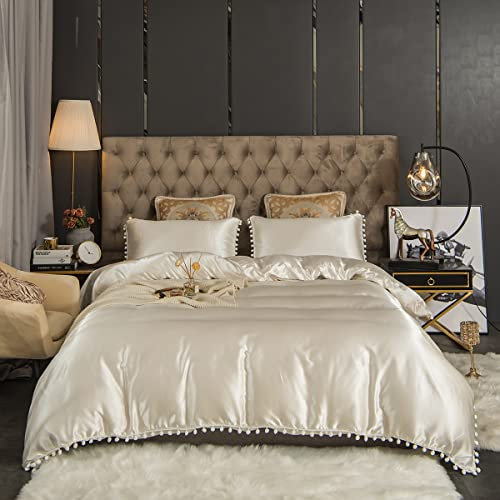 Freyamy Satin Bettwäsche 135x200,Luxus Pom Pom Quaste Glatt Seide Glanzsatin Weiß Bettwäsche Set,Modern RomantischSommer Bettwäsche Sets 1 Bettbezüge + Kissenbezug 80x80 mit Reißverschlüsse