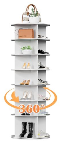 bimiti Schuhregal mit 7 Ebenen Drehbares Schschrank, Multifunktionale Schuhablage Schmal, Schuhständer Vertikal, Organizer Platzsparend, Standregal Lagerregal Eckregal Freistehend Weiß