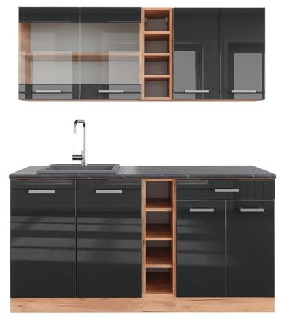 Vicco Singleküche R-Line, Anthrazit Hochglanz/Goldkraft Eiche, 160 cm, AP Anthrazit