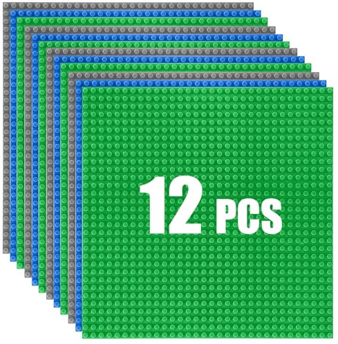 HUIZDQ 12 Stück Klassische Grundplatten für Bauklötze, 100% kompatibel mit Allen großen Marken, mit 32 X 32 Noppen, Grau/Grün/Blau