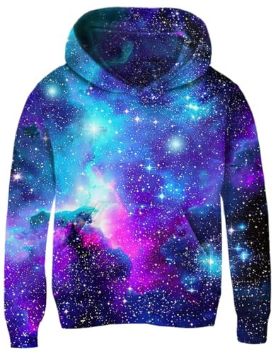 Fanient Pullover da Ragazza Galaxy in Pile Pullover Giacca con Cappuccio Felpe per Bambini con Tasche 8-11 Anni,XL