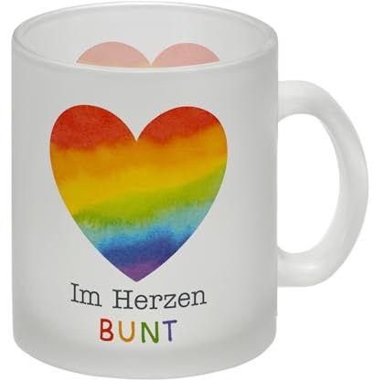 Regenbogenherz Glas Tasse mit Spruch Im Herzen bunt LGBTQ Pride Regenbogen queer divers Diversity Transgender