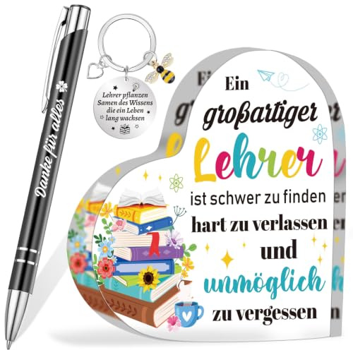 HOWAF Lehrer Geschenk Abschied, Herzförmiges Acryl Heimat Dekoration Türschilder & Danke für Alles Stift, Schlüsselanhänger Geschenke für Lehrer Abschiedsgeschenk Lehrerin Geschenk