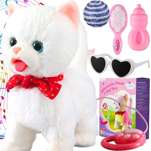 White Leash Walking Cat Set Interactive Talking Cat Singing Dancing Kitten Mimicking Repeat What You Say Kitty Touch and Voice Control Nodding Wagging Tail Plush Electric Kitty for Kid Gril