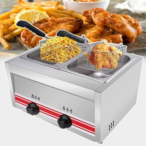 Freidora Comercial, Freidora de Doble Gas con 2 Cestas y Tapa, Freidora de Encimera de 10 L X 2, Freidora de Acero Inoxidable Propano Lpg para Restaurante, Hogar