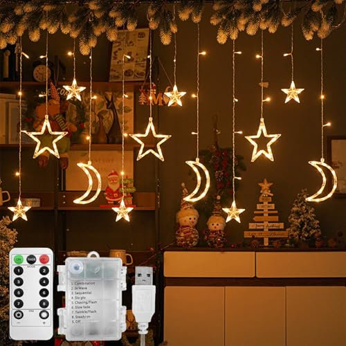 Kekeaya Ramadan Lights LED Stars Curtain Lights ,138 LED Star Moon Curtain Lights Outdoor,with 8 Flashing Modes,3.5m Fairy Strin Lights,for Festivals,Party,Home Decor,USB+Battery Operated,Warm White