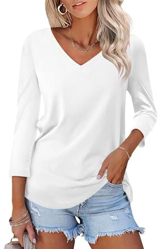 AirMood Womens 3/4 Length Sleeve Shirts Tops Casual V-Neck T-Shirts Basic Blouses (White,XL)