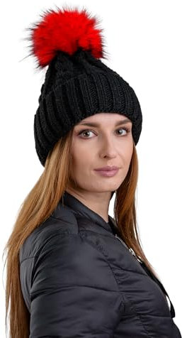 Beanie PB Mütze, Pudelmütze, Wintermütze mit großer Fellbommel aus Fellimitat, Strickmütze mit hochwertigen Strick (Schwarz Mit Roter Bommel 177)
