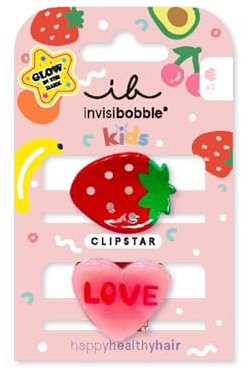 invisibobble CLIPSTAR GLOW KIDS FRUTTI STRAWBERRY - 2 Stück leuchtende Kinder Haarspangen – Glänzende, rutschfeste Haarclips für gesundes Haar – Erdbeer- und Herz-Design mit Love Schriftzug