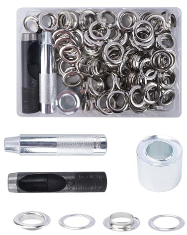 Luabue 100 Sets Trousse Oillets 18mm Kit Grommets Oeillets en Métal avec 3 Outils Œiillets en Métal Œiillet Couture pour Bâche Ceinture Chaussures Les Sacs en Cuir (18mm)