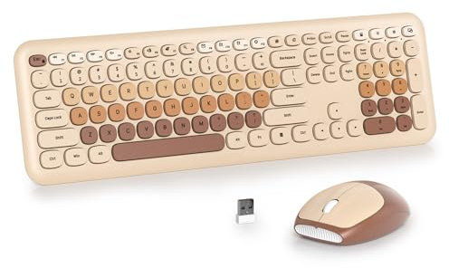 SOLIDEE Combo Clavier et Souris Sans Fil Coloré, Machine à Écrire Rétro 2.4GHz, 104 Touches Avec Pavé Numérique, Membrane Silencieux (Américain QWERTY) (Coffee)