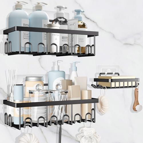 KIAMXNE Rustproof Shower Caddy,Bathroom Shelf Organiser No Drilling Shower Shelf,Adhesive Shower Storage Rack with Soap Holder and Hooks,Bathroom Storage Accessory,Bathroom Shower Organiser(3 Packs)