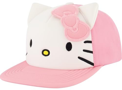 Concept One Damen Hello Kitty Baseball Cap Snapback Mütze mit Flacher Krempe und 3D-Band und Ohren Baseballkappe, Weiß/Pink, Einheitsgröße