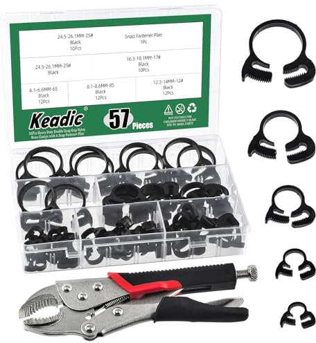 Keadic 57Pcs Snap Grip Hose Clamps Set Includes 5 Sizes Snap Ratcheting Clamps and CV Boot Hose Clip Pliers for Hose Clamps-1/4inch,5/16inch,1/2inch,5/8inch,1inch