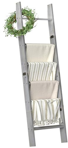 Honest Blanket Ladders for The Living Room, 6-Tier Blanket Holder, Wall-Leaning Blanket Rack, Ladder Shelves, Wooden Quilt Ladder, Farmhouse Decor, Grey