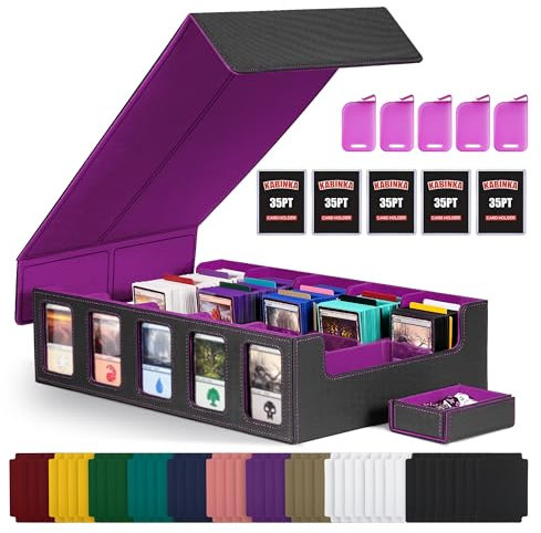 Trading Card Storage Box with Commander Display, 5-Row Deck Case with Removable Lid; 3900+ Card Deck Box for MTG TCG Sports Card, 5 Toploaders, 5 Stoppers, 48 Dividers,1 Dice Tray (Black Purple)