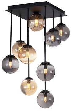 QAZQA - Moderne Deckenleuchte I Deckenlampe I Lampe I Leuchte Schwarz mit Bernstein- und Rauchglas 9-flammig - Athen I Wohnzimmer I Schlafzimmer - Metall Quadratisch I Kugel I Kugelförmig - LED geeign