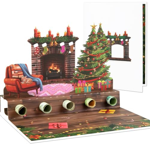 Money Holders for Cash Christmas Fireplace Pop Up Greeting Cards with Blank Note & Envelope, celebration gift for Friendship, Love, Anniversary, Special Moments, Birthday, Holiday