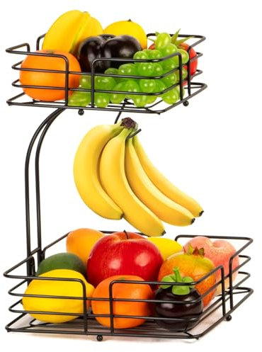 LONENESSL 2-Tier Fruit Racks Fruit Bowl with Banana Hanger, Detachable Countertop Fruit Rack with Banana Hanger, Veg Metal Storage Rack, Perfect for Holding Fruit, Vegetables, Eggs, Snacks, Black