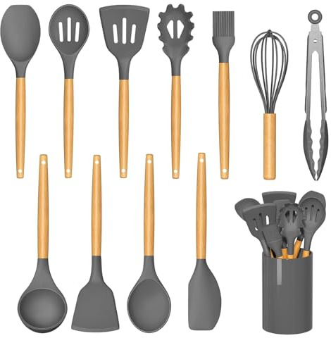 Silikon-Kochutensilien-Set für Küche, Löffel, Spatel, Spatel, Zubehör, Backen, hitzebeständiges Kochgeschirr, schwarzes Gummi, Wohnungsdekoration, kleiner Kunststoff-Antihaft-Pfannenwender (grau)