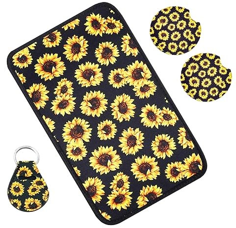 JECOMPRIS 12 Stück Autositzbezug Universell Sonnenblumen Druck Auto Lenkrad und Armlehnenbezug Auto Innenschutzmatte Geeignet für Fahrzeuge