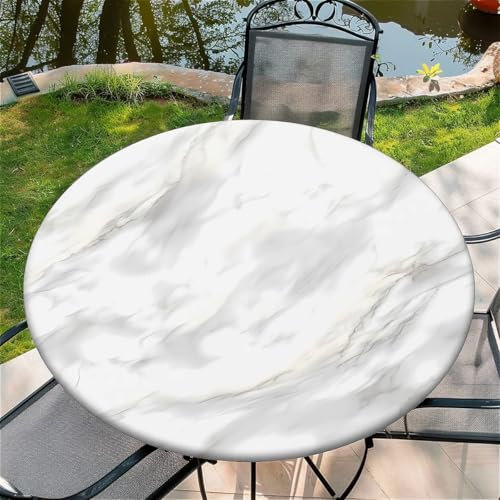 Outdoor Runde Tischdecke mit Gummizug Ø 36in(90cm)- Elastisch Garten tischdecke mitWeißer Marmor Muster Passend für 75-85cm