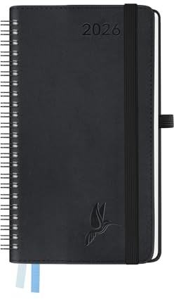 FEKSINO Taschenkalender 2026 Klein Ringbuch 18 x 9,8 cm | Kalender Terminplaner 2026 Wochenplaner 1 Woche 2 Seiten,12-Monate(Jan.-Dez.) mit PU-Leder Softcover,Schwarz