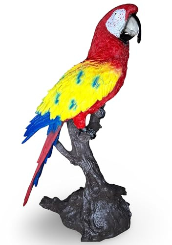 colourliving Papagei Figur groß – handbemalte Gartenfigur aus Polyresin, wetterfest, bunt – Dekofigur Papagei auf Baumstamm für Balkon, Terrasse & Zuhause