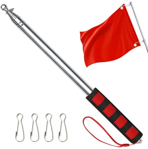 APXEL Plegable Mastil Bandera, 1 Piezas Mástiles Telescopico Bandera de Acero Inoxidable, 2.5 M Mastil Banderas Exterior con 4 Clips para Profesor Guía Turístico Deportivas (Rojo)