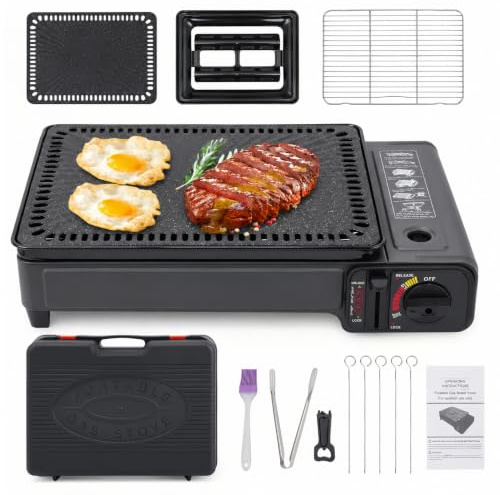 Mqwdxzfes Tragbarer Butan Gas Grillkocher, Outdoor Camping Grill mit Tragetasche & Anti-Haft Backblech, Campingkocher Tischgrill, Camping Gaskocher Gasgrill Klein für Terrasse, Picknick, Reisen
