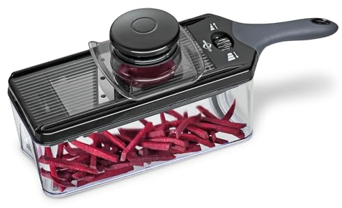 Küchenprofi Gemüsehobel VARIO, Schwarz, Spezial-Klingenstahl/Kunststoff, Universal Hobel, 4 Messereinsätze, Verstellbare Schnittstärke, Restehalter und Auffangbehälter, für Obst und Gemüse