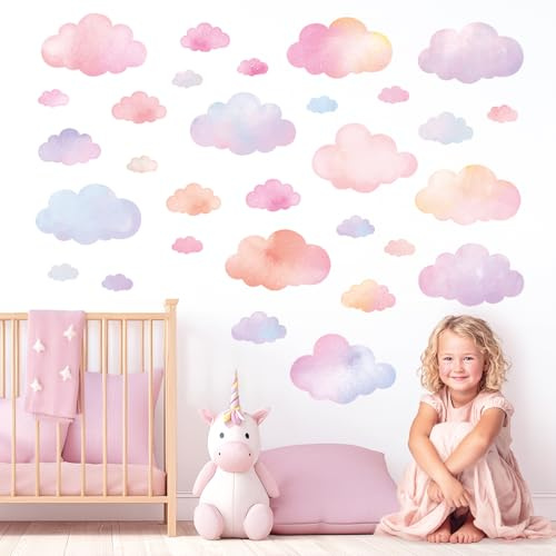 DECOWALL Pastell Wolken Wandsticker Aquarell für Kinderzimmer (DS4-8094) | 30 Pastell-Wolken in Aquarelloptik – selbstklebend, abnehmbar und flexibel arrangierbar für Kinder- und Babyzimmer