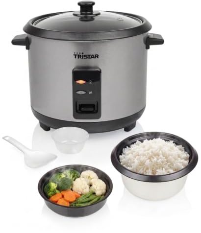 Tristar Olla Arrocera, 1,5 L de Capacidad, Carcasa de Acero Inoxidable, Bandeja de Vapor, Apagado Automático, Función Mantener Caliente, 500 W, RK-6145