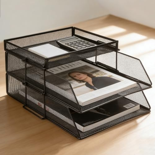 YBCCBY 2 Tier Paper Organiser Mesh Letter Tray, Metal Paper Tray Stackable File Organiser Black Mesh Desk Organiser Letter Trays A4 Paper Desktop Filing Trays Magazine Document Holder for Office Home