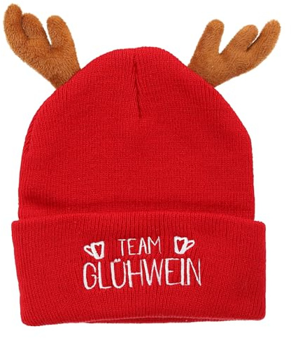 Wintermütze Damen & Herren – Lustige Weihnachts Beanie rot mit Rentiergeweih – Sprüche FROSTBEULE, ARSCHKALT, VOLL HÜBSCH & TEAM GLÜHWEIN – warme Unisex Mütze Winter, Weihnachtsmarkt (TEAM GLÜHWEIN)