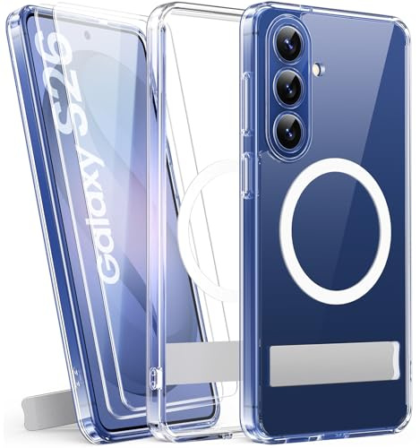 SIXBOX Cover per Samsung Galaxy S26 5G con 2 Pellicola Vetro Temperato & Cavalletto, Compatibile con MagSafe, Protezione Fotocamera, Custodia Resistente Agli Urti Silicone Opaca, Trasparente