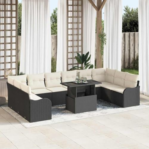Hoopleep Garten-Sofa-Set, 11-teilig, Schwarz, Poly Rattan, Modulares Outdoor Loungesofa mit Kissen, für Terrasse, Balkon, Sitzgruppe