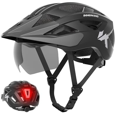 InnerKing Fahrradhelm Herren Damen Leichte Fahrradhelm mit LED Licht | Fahrradhelm mit Magnetische Schutzbrille Visier MTB Helm Radhelm Cityhelm