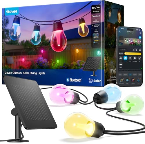 Govee Solar Lichterkette Outdoor 10m, RGBICW mit 16 Millionen Farben | 112 Szenenmodi, App-Steuerung, nur Bluetooth, 8 dimmbaren splitterfreien LED-Lampen, 50lm, IP67 für Balkon, Garten, Camping
