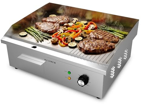 KLAMER Elektrogrill Edelstahl 3000W, XL Grillplatte 54,5x38,5 cm Tischgrill | Elektrisch 50–300°C, massive Eisengrillplatte für mehrere Portionen gleichzeitig, mit Spritzschutz und Auffangbehälter