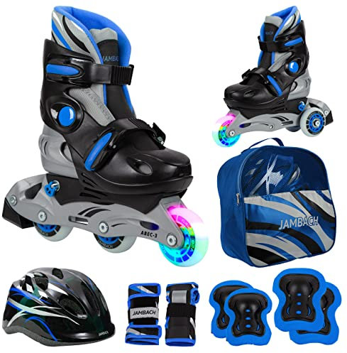 JAMBACH Kinder Inline-Skates mit Schutzset verstellbar zum Rollschuh mit Led (blau, XS (26-29))